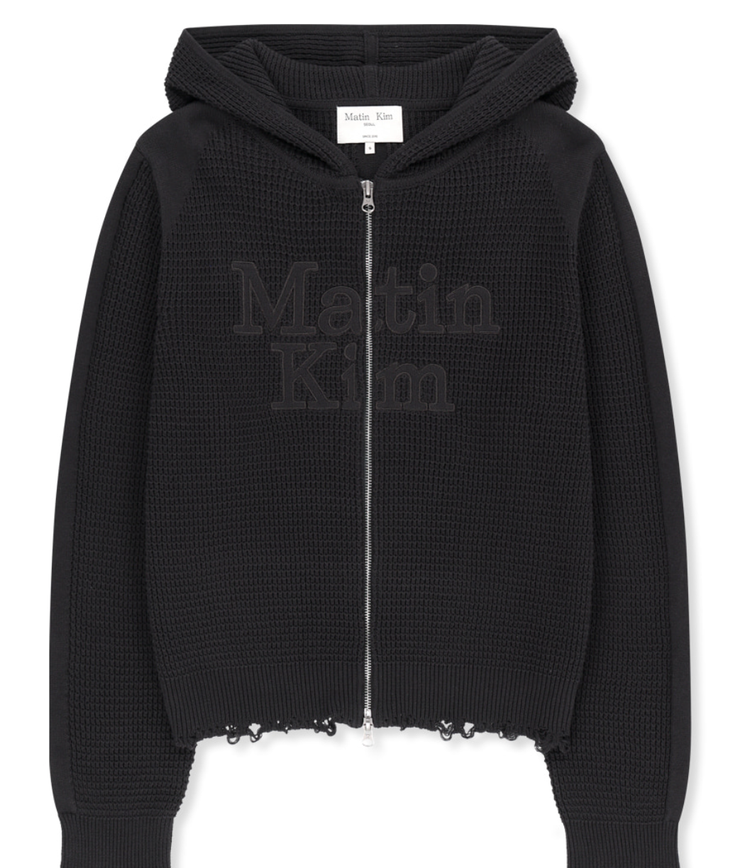 Charcoal MATIN KIM waffle-texture cotton knit zip-up hoodie with hood and front zipper